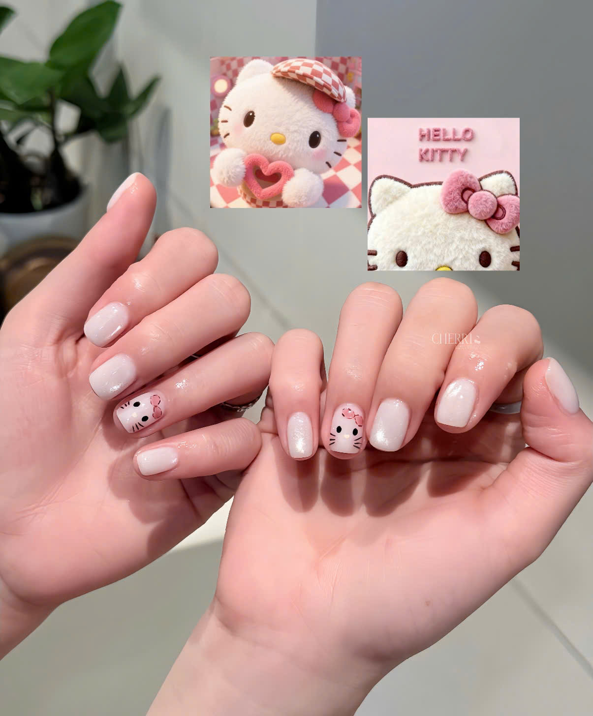 Mẫu nail trắng hồng Hello Kitty tại Cherri Beauty Room